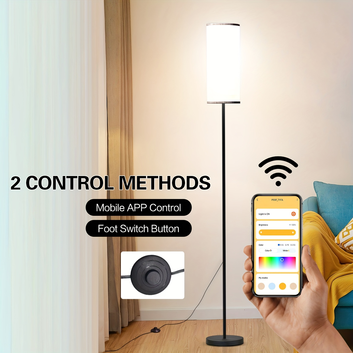 TEMU Local Warehouse Lamp, High Pole Lamp, Cylindrical Lampshade Black Lamp Pole.with 9w A19 Smart Bulb, 2700k-6500k+rgb Color Change, Music , Foot
