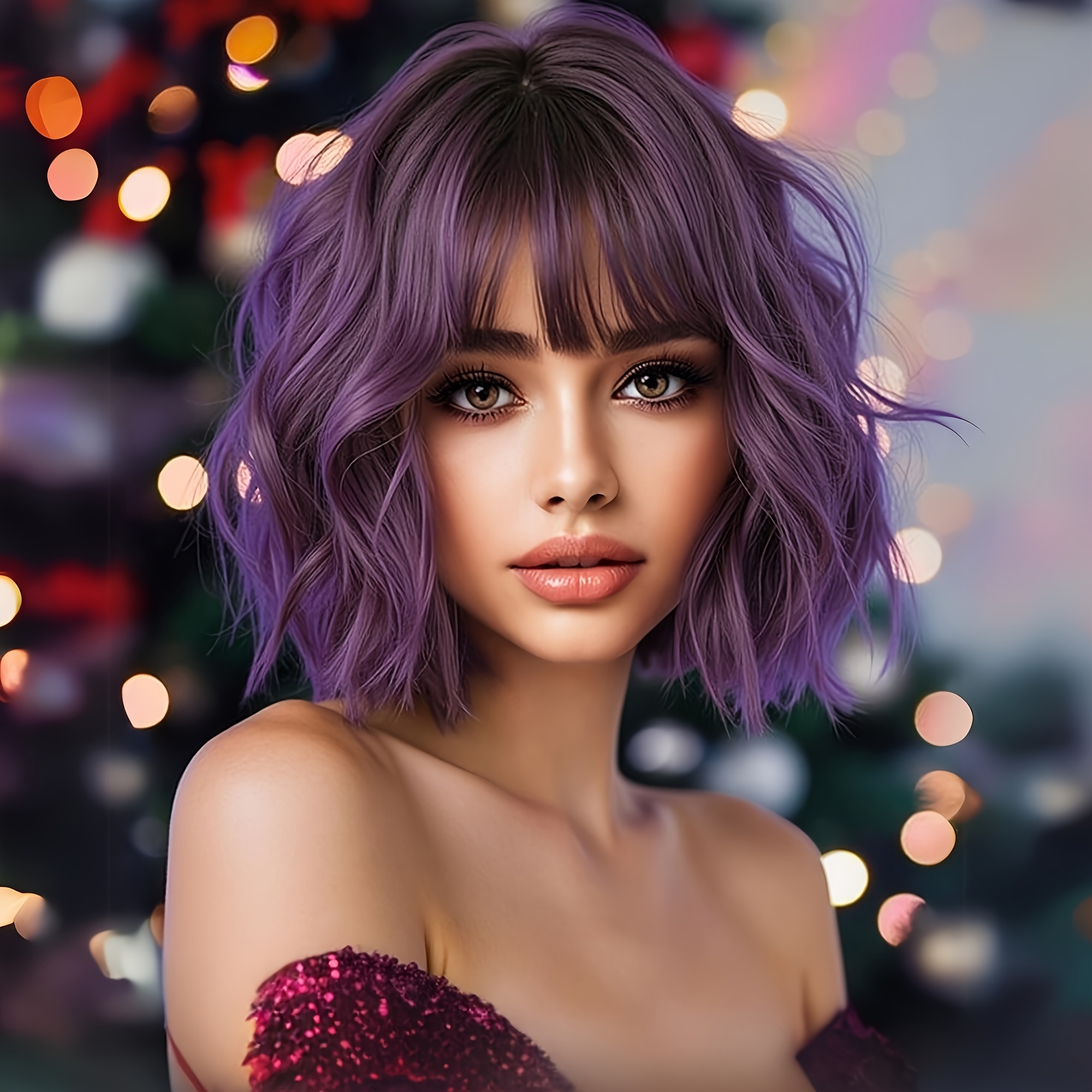 Image of Purple Short Curly Synthetic Fiber Wig Cap For Women, Matte High-temperature Fiber Cap, Stage Costume Style