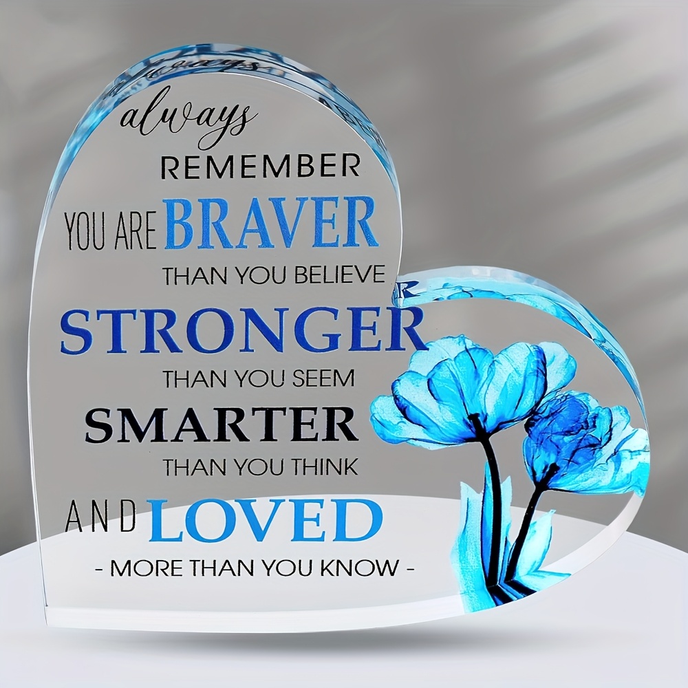TEMU 2d Flat, Retro-style Blue Flower Acrylic Heart With Inspirational Message - Irregular-shaped Motivational Desk Decor For , Best Friend Gifts,