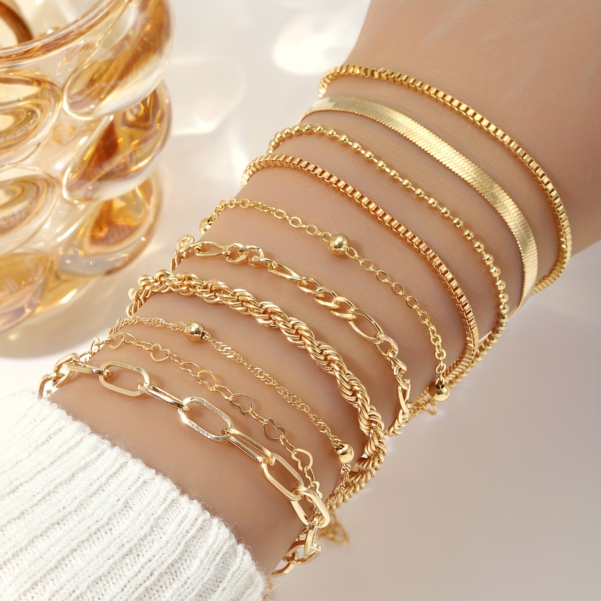 

10pcs Elegant Golden Women's Bracelet Set - Simple & Chic Stackable Metal Chain Link Bangles With Twisted , & Vacation, Ideal Gift