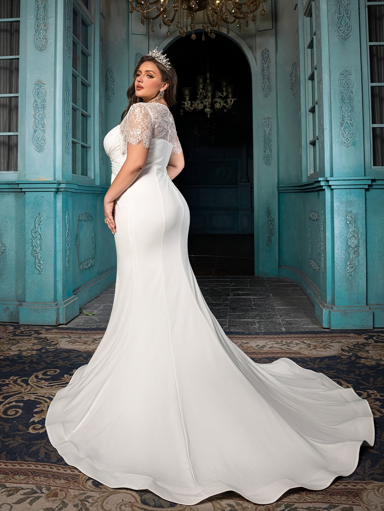 qoq plus size white sheer mesh panel wedding dress fitted Temu