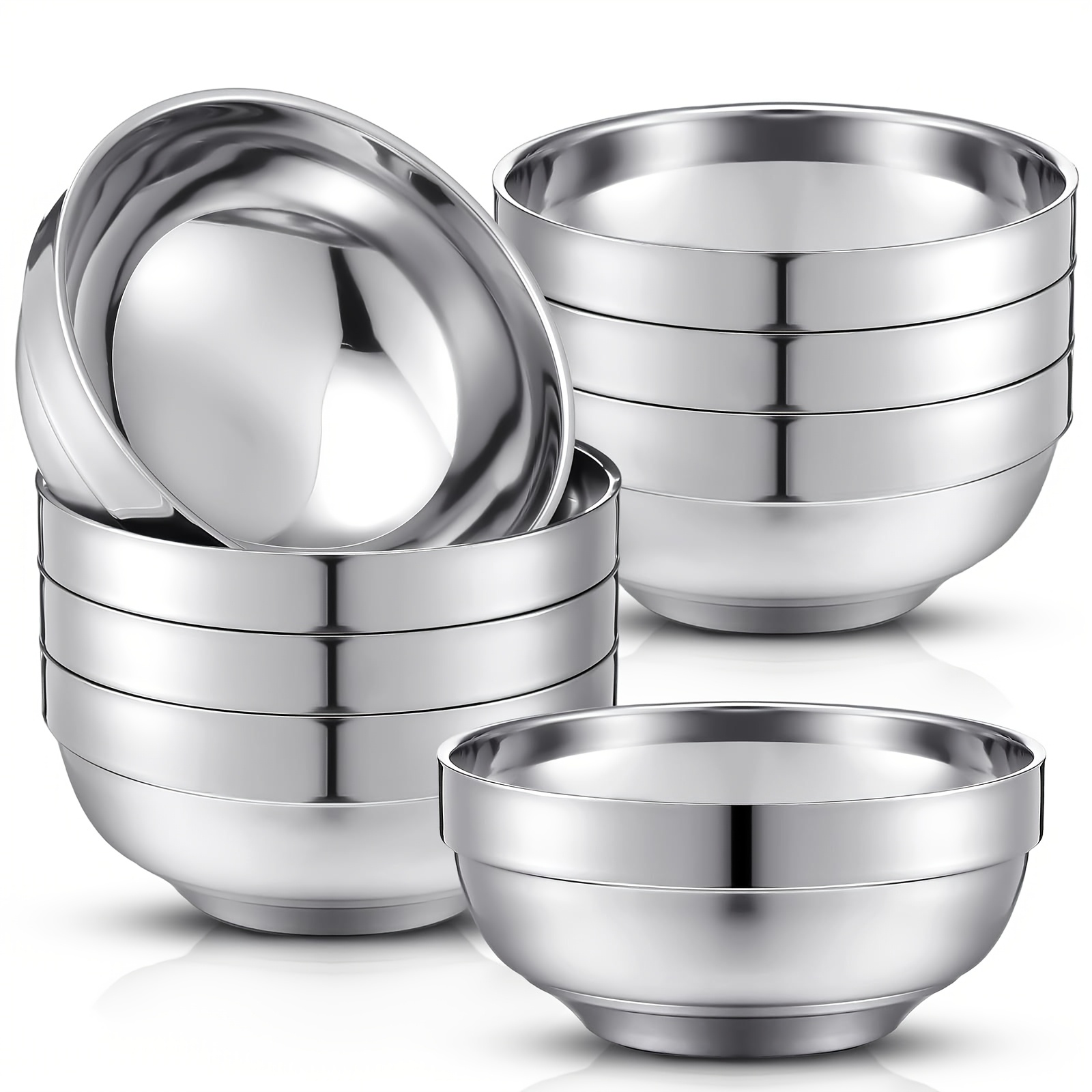 

10pcs Double-layer Stainless Steel Geometric Round Polished Metal Bowl, Rust Resistant Heat Insulation Anti-shatter Soup Bowl, Dessert Bowl, Rice Bowl For Home Kitchen Restaurant Hotel