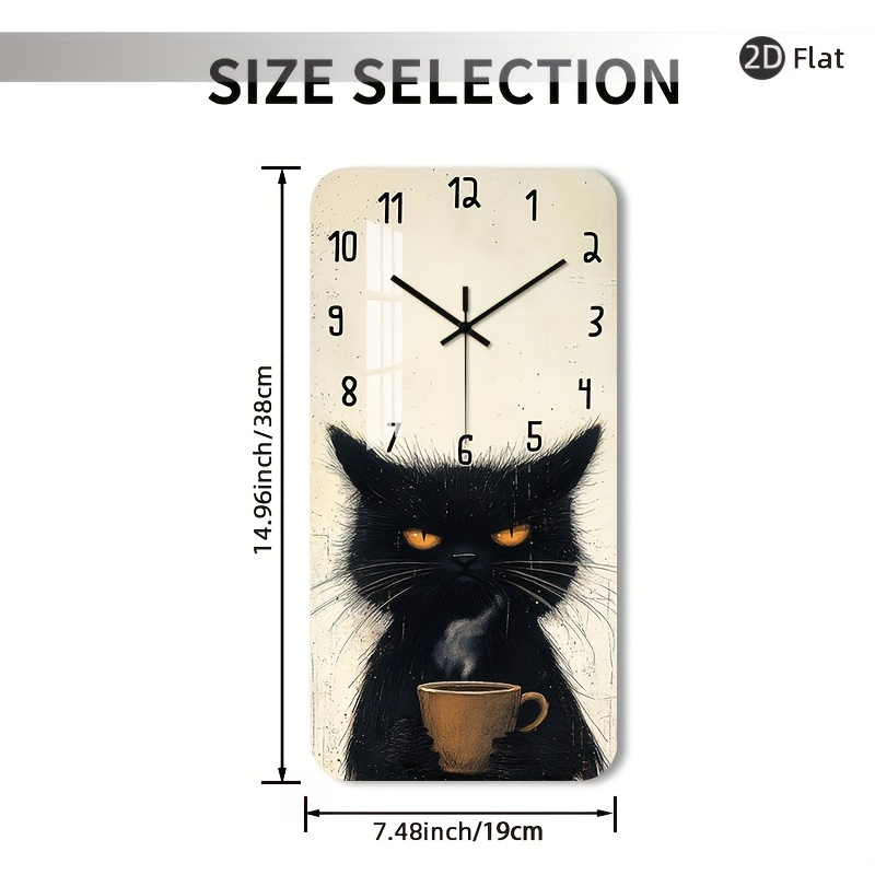 TEMU 1pc Of A Non-ticking 2d Flat Wall Clock Made Of Wood, Featuring A Decorative Square Design With A Gothic Black Cat And A Steaming Cup, Suitable