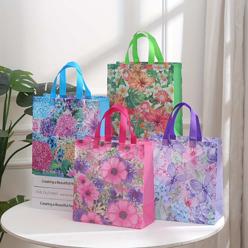 

24pcs Reusable Non-woven Tote Bags, Floral Print Gift Bag Set, Fabric Flower-themed Bags For Shopping, Birthdays, Day, Weddings