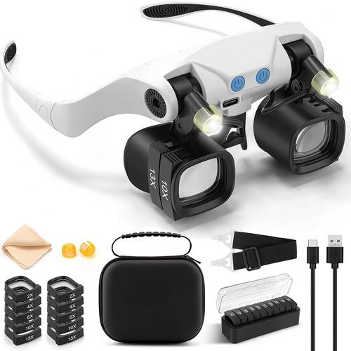 headband magnifying glasses with led light 5 interchangeable lenses 2x 4x 6x 10x 13x jewelers loupe magnifier for close work watch repair and crafts