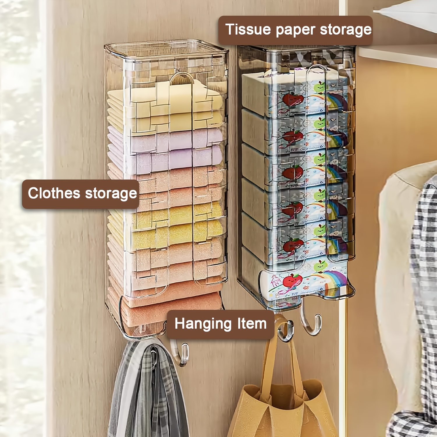 A Two-part Storage Box That Mounted On The Wall Or In A Wardrobe Without Drilling, Ideal For Organizing Items Like Stockings, Underwear, Bags, And Tissues, Allowing For And Placement Of