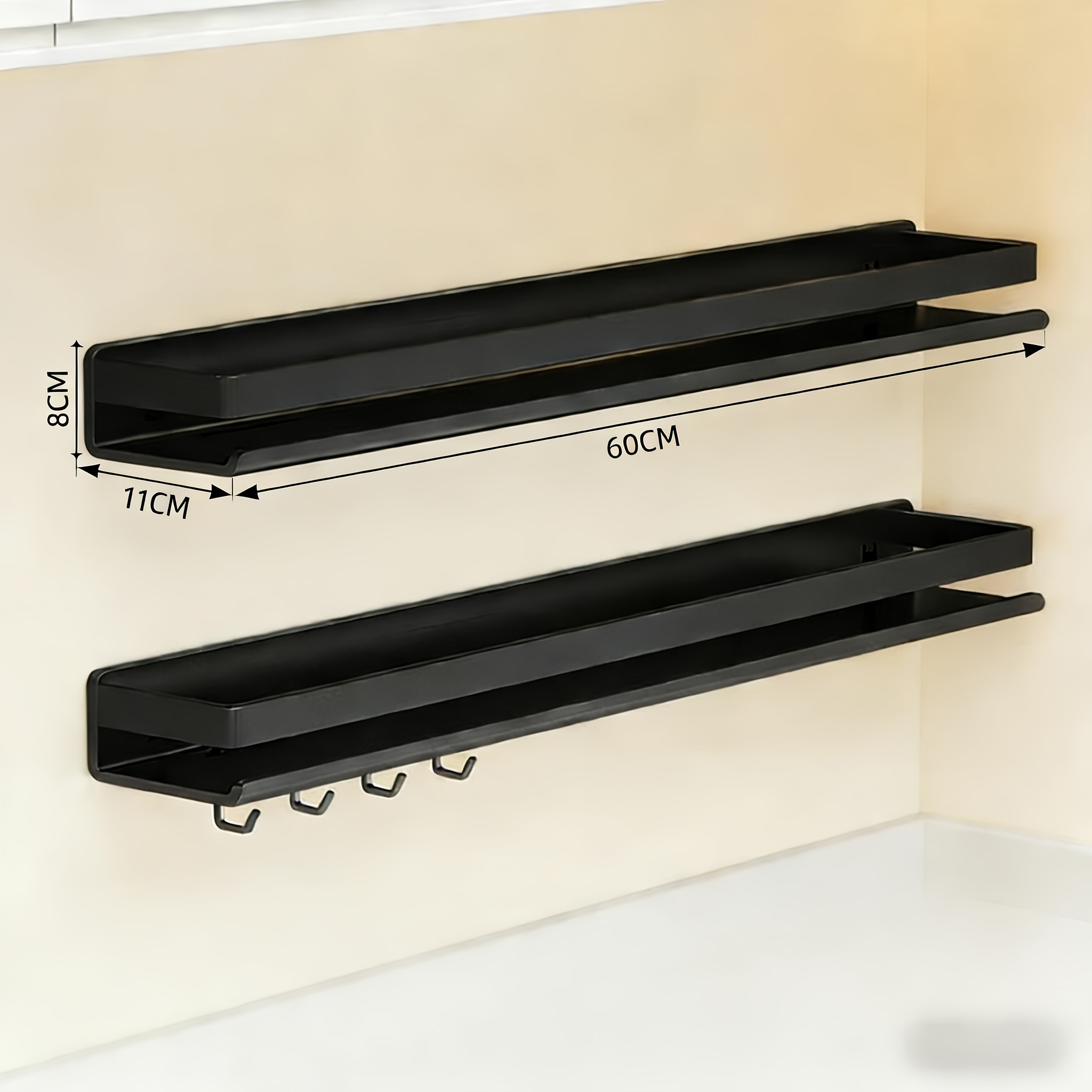 TEMU 2pcs Wall Mounted Spice Rack With Hooks, No Drilling Seasoning Rack, Stainless Steel Spice Rack, In 40/60cm, Suitable For Kitchen, Bathroom And