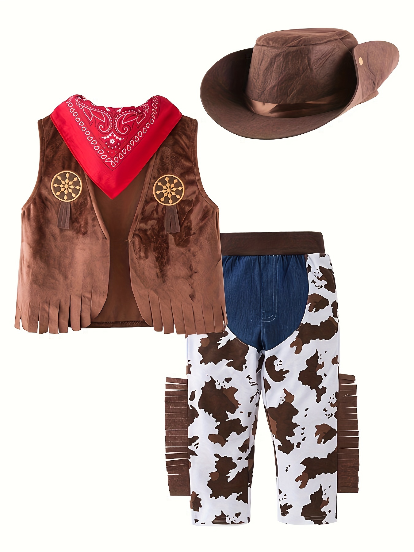 Disfraz de Vaquero para Niños Conjunto de Ropa con Chaleco, Pantalones,  Bufanda y Sombrero (4 piezas)