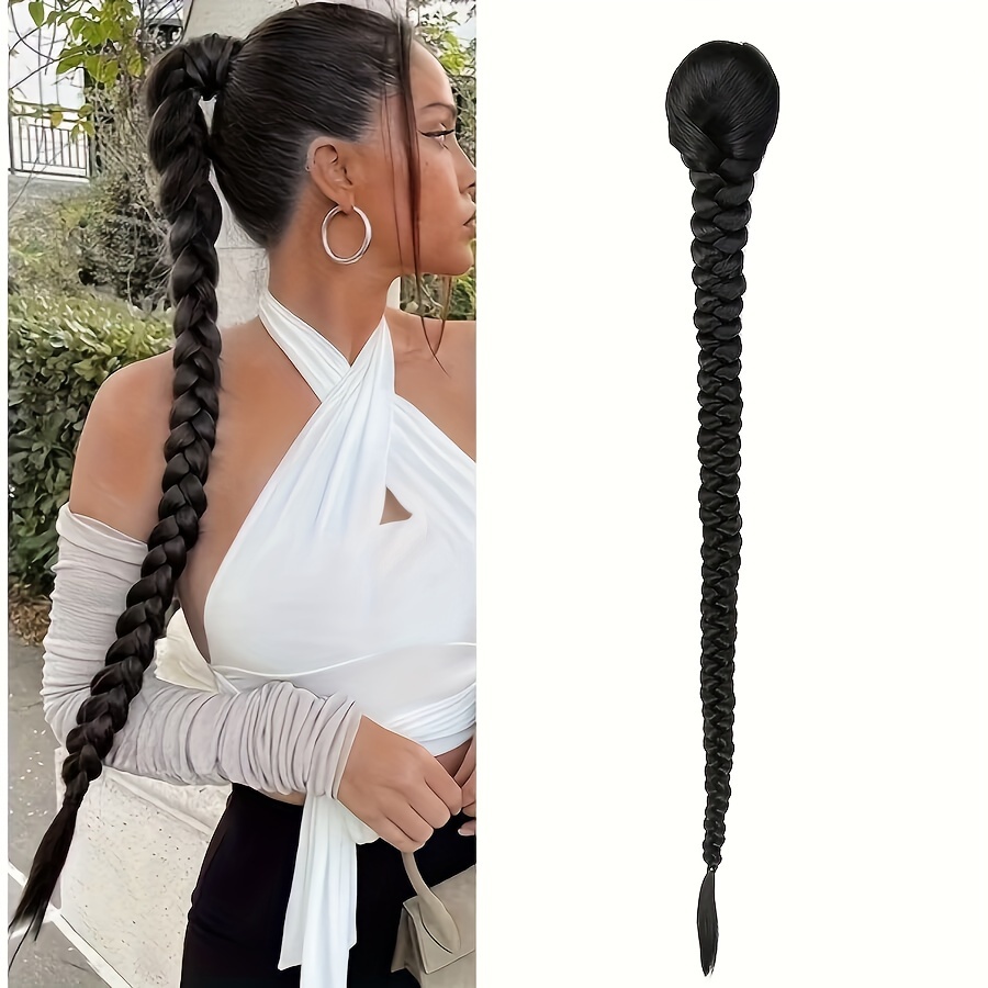 34 inch long black hair extensions drawstring ponytail with braided detail high temperature   for women girls stylish   sleek ponytail   hair extensions hair accessories