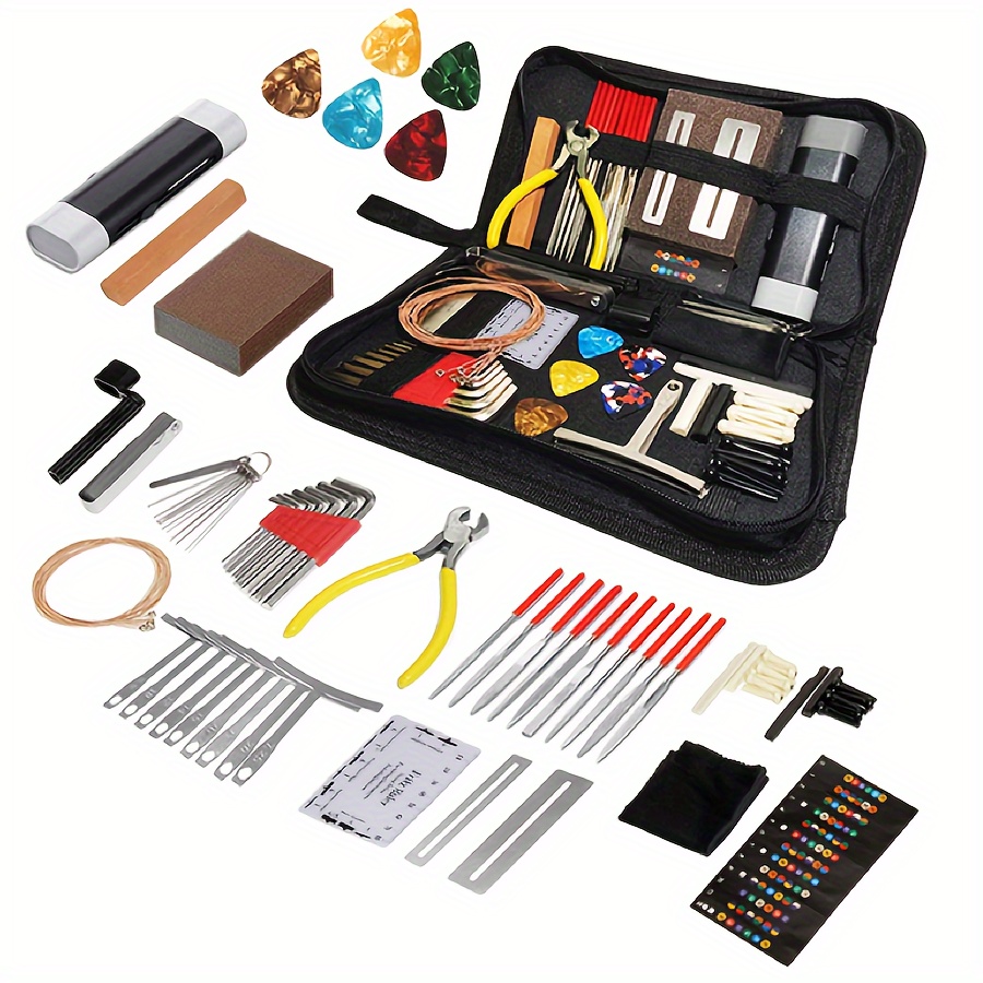 

72pcs Complete Guitar Repair & Maintenance Kit With Case - Includes Picks, Strings, Files, Hex & Allen Wrenches, Screwdrivers, And More - Ideal For Acoustic, Electric Guitars, Ukuleles, Basses, -