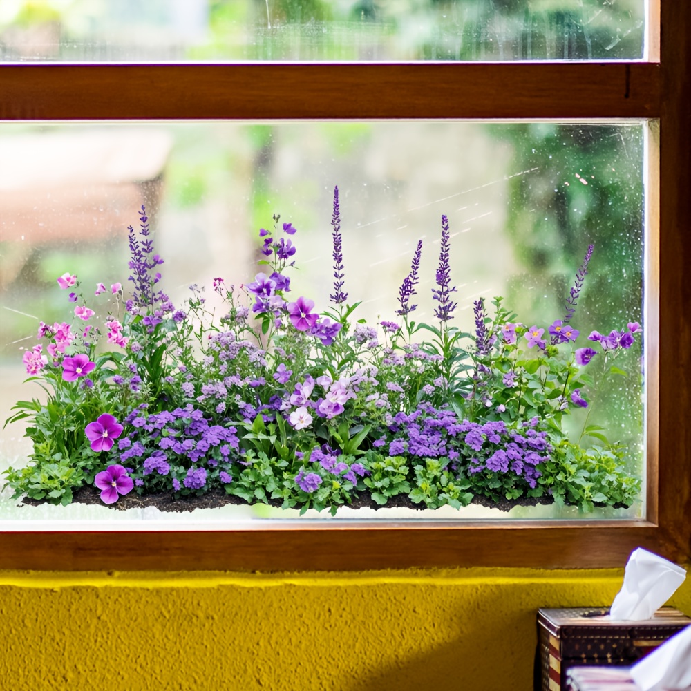 Image of Purple Floral Glass Sticker For Living Room And Dining Room Window Decoration, Self-adhesive Decorative Film For Bedroom Doors And Windows