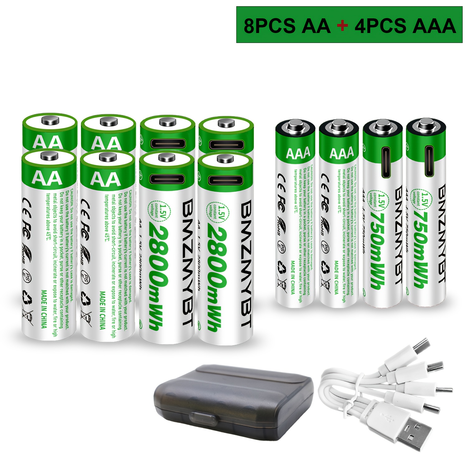 TEMU 8pcs Aa + 4pcs Aaa Battery Aa+aaa Batteries Set, Usb/type- Aaa Rechargeable Lithium , High Capacity 1.5v 1867mah 2800mwh + 500mah 750mwh