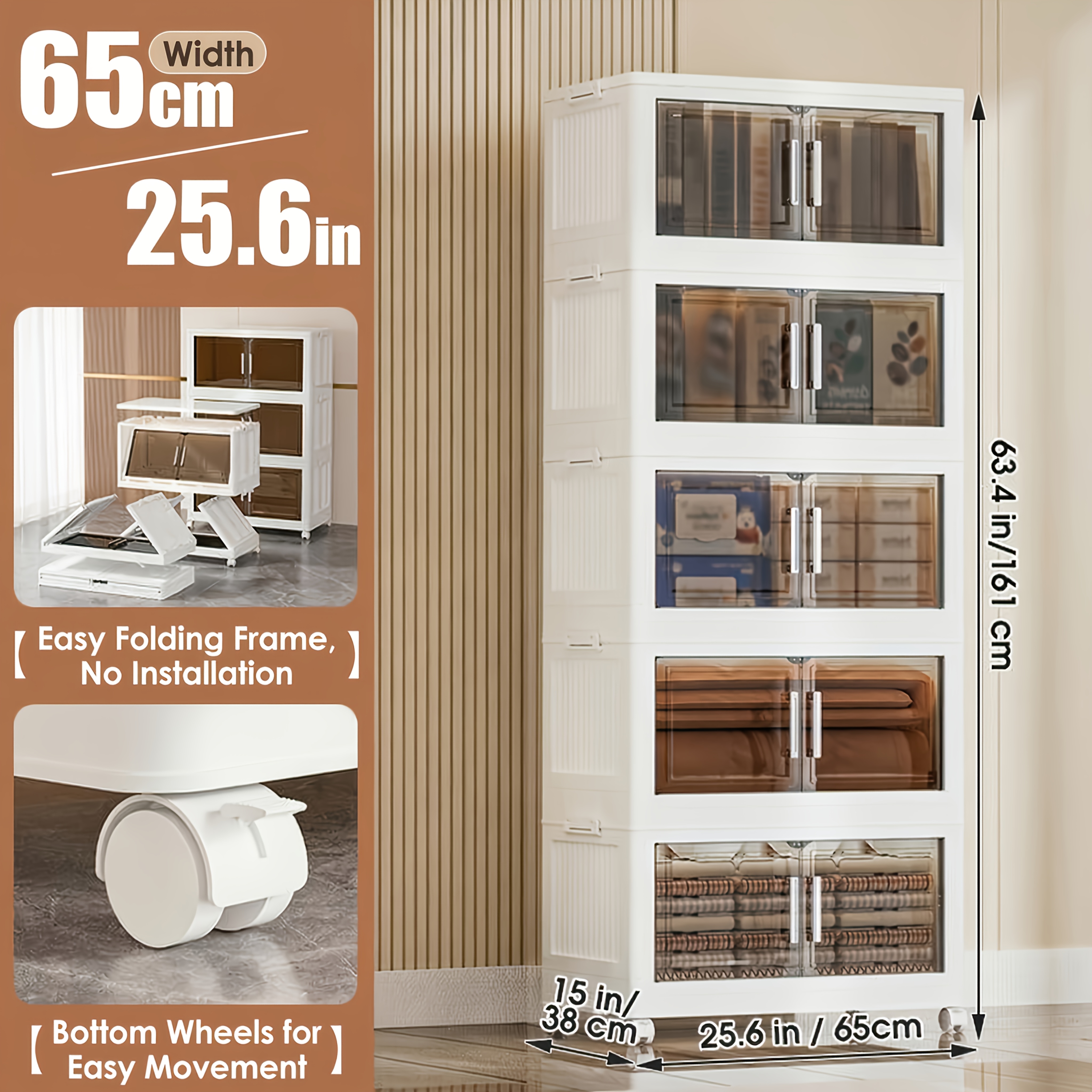 TEMU Armadietto portaoggetti pieghevole extra large da 88 cm per ufficio, organizzatore impilabile in plastica a 3/4/5 ripiani con coperchi e ruote,