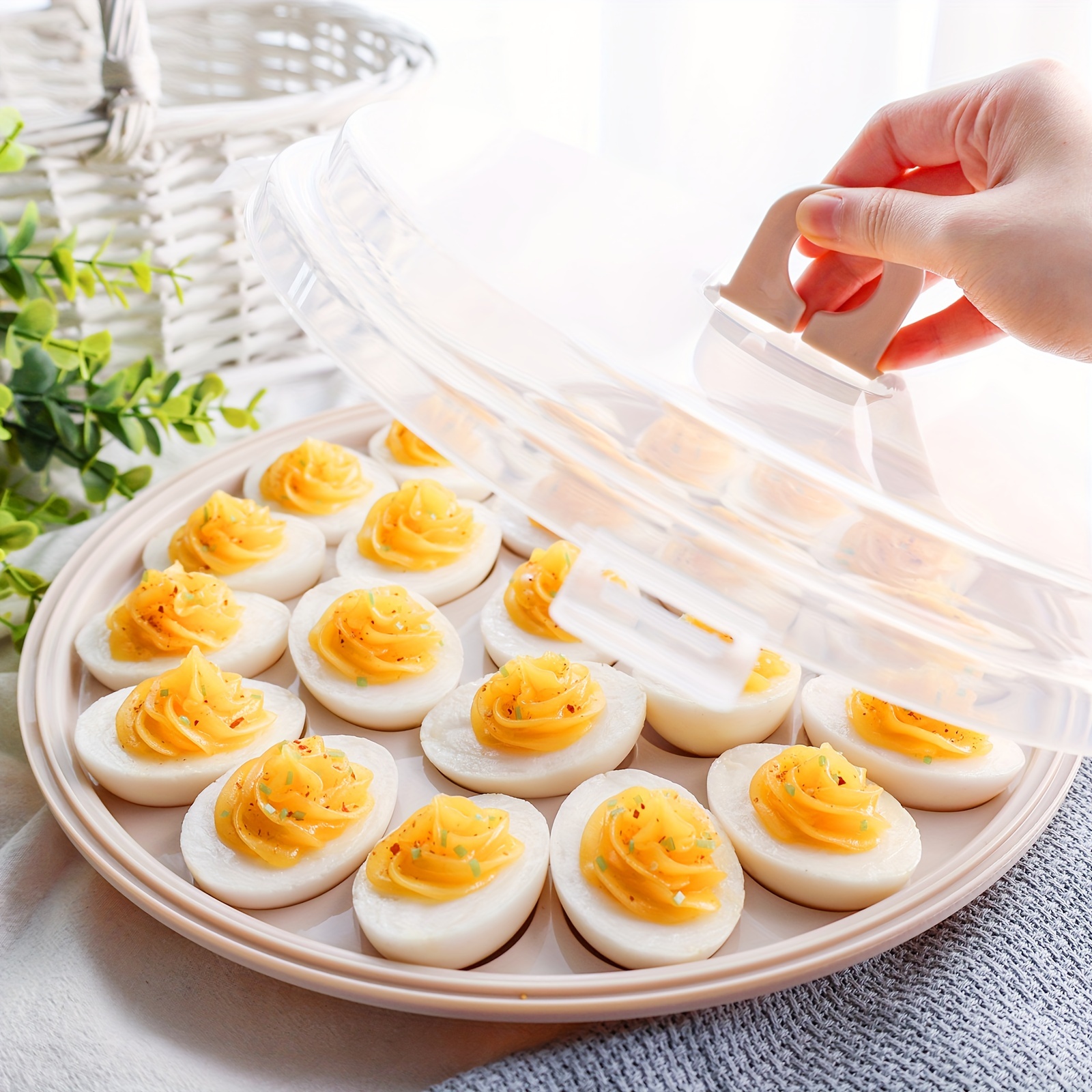 

Shindel Deviled Egg Platter, Round Deviled Egg Tray Brown Deviled Egg Carrier With Lid 22 Egg Slots For Home Kitchen Supplies