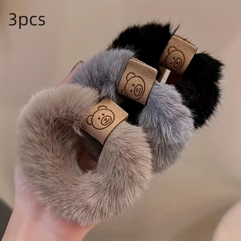 3pcs Plush Bear Hair Ties - High-elasticity, Durable, And Soft Hair Ties, Suitable For Ponytails And High Buns - Vintage Style Black