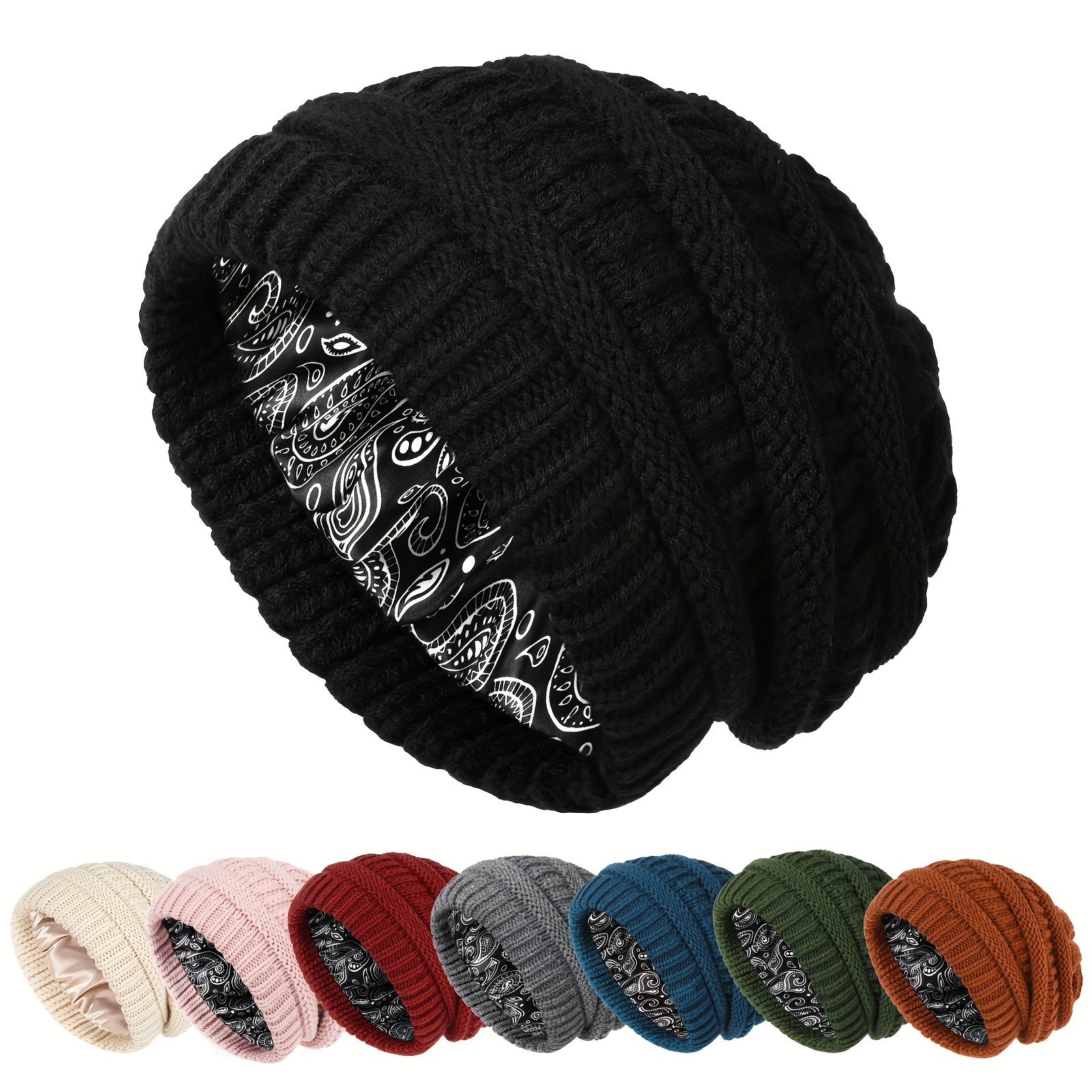 

1pc Winter Satin Lined Cable Knit Chunky Slouchy Beanies Hat For Men, For Gifts