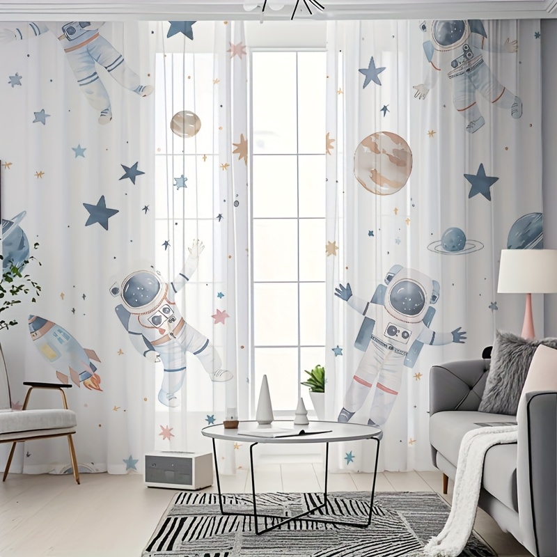 TEMU 2pcs Semi-transparent Curtains, Starry Sky Astronaut Theme Sheer Curtains, Whimsical Cartoon Style Home Decor Drapes, Suitable For Bedroom,