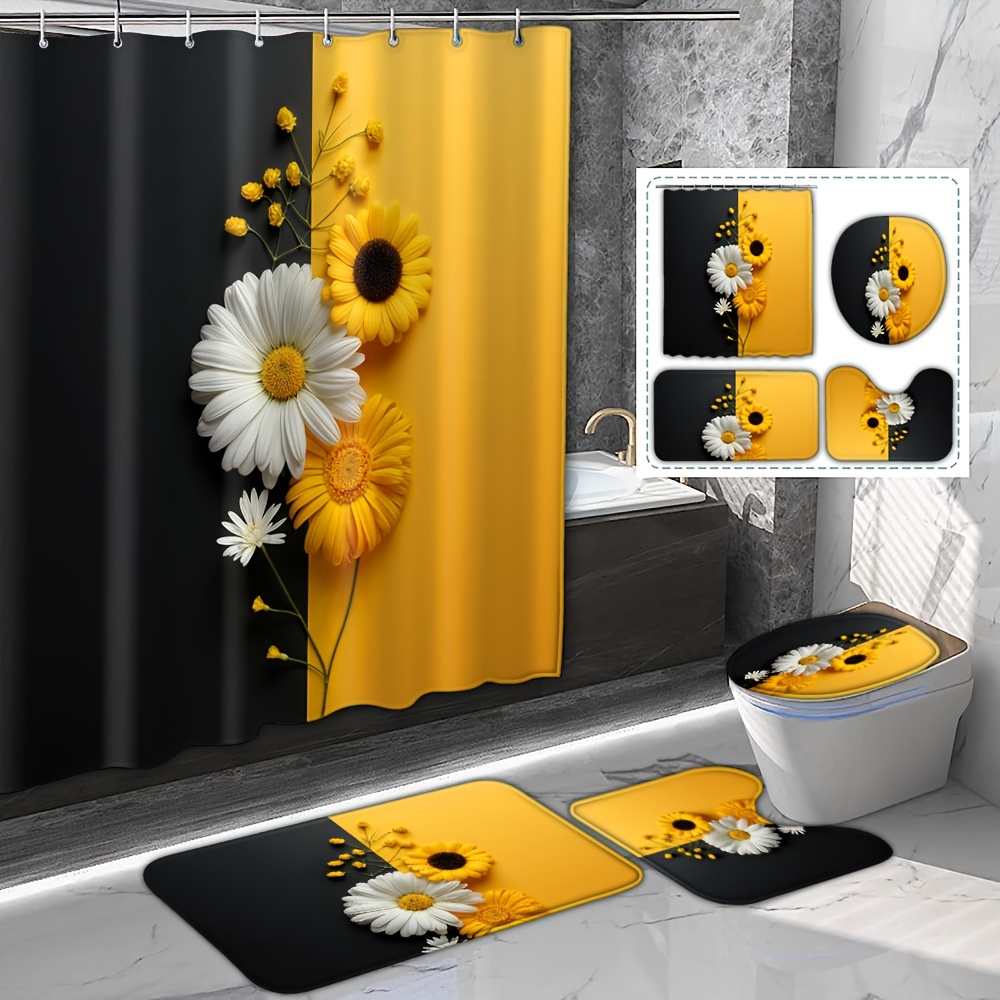 

1/4pcs 2 Tone Daisy Pattern Shower Curtain Set, Shower Curtain With 12 Hooks, Non-slip Bath Mat, U-shaped Toilet Mat, Toilet Cover Mat, Bathroom Decor Accessories