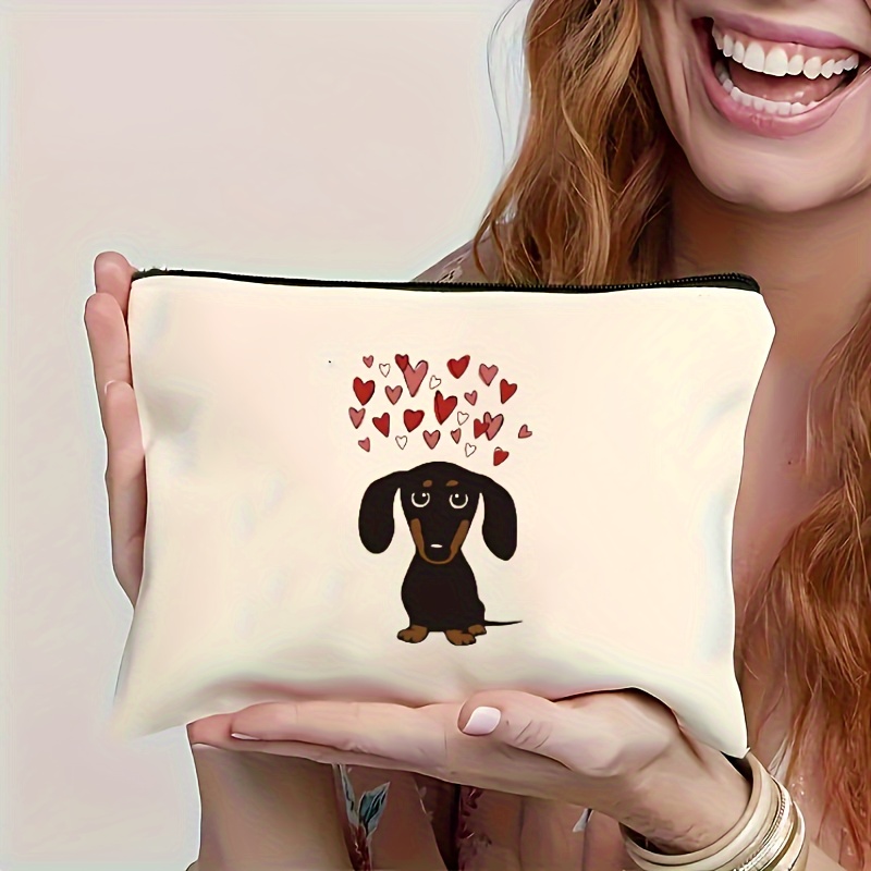 

Dachshund & Hearts Canvas Makeup Bag - Elegant White Zipper Pouch For Travel, Cosmetics, Pens, Stationery | Ideal Gift For Dog Lovers