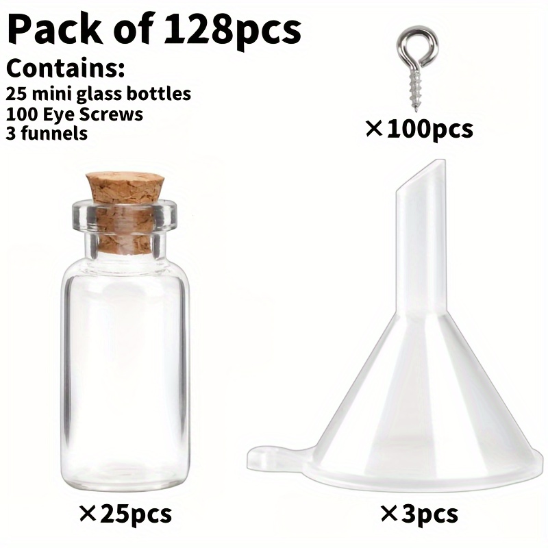 128pcs 2ml Mini Glass Bottles Sets - 25pcs Glass Bottles, Spell Jars With Cork Stoppers, Small Vials With 100pcs Eye Screws And 3pcs Funnels For Art Crafts Wedding Party Favors