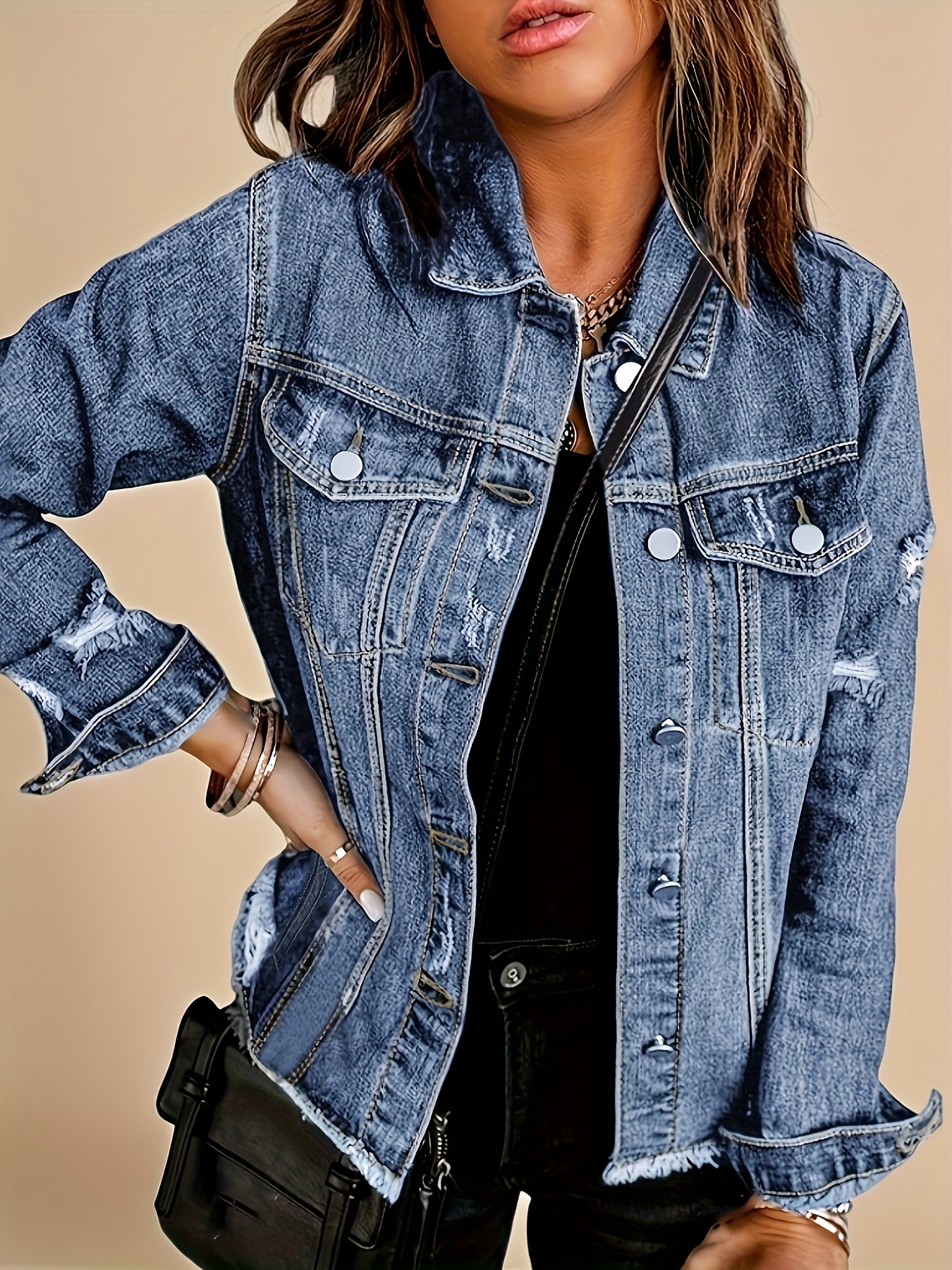Women's Oversized Denim Jacket With Hood – Distressed Style, Button-Down, Plus Sizes Available – Casual Fall & Spring Outerwear