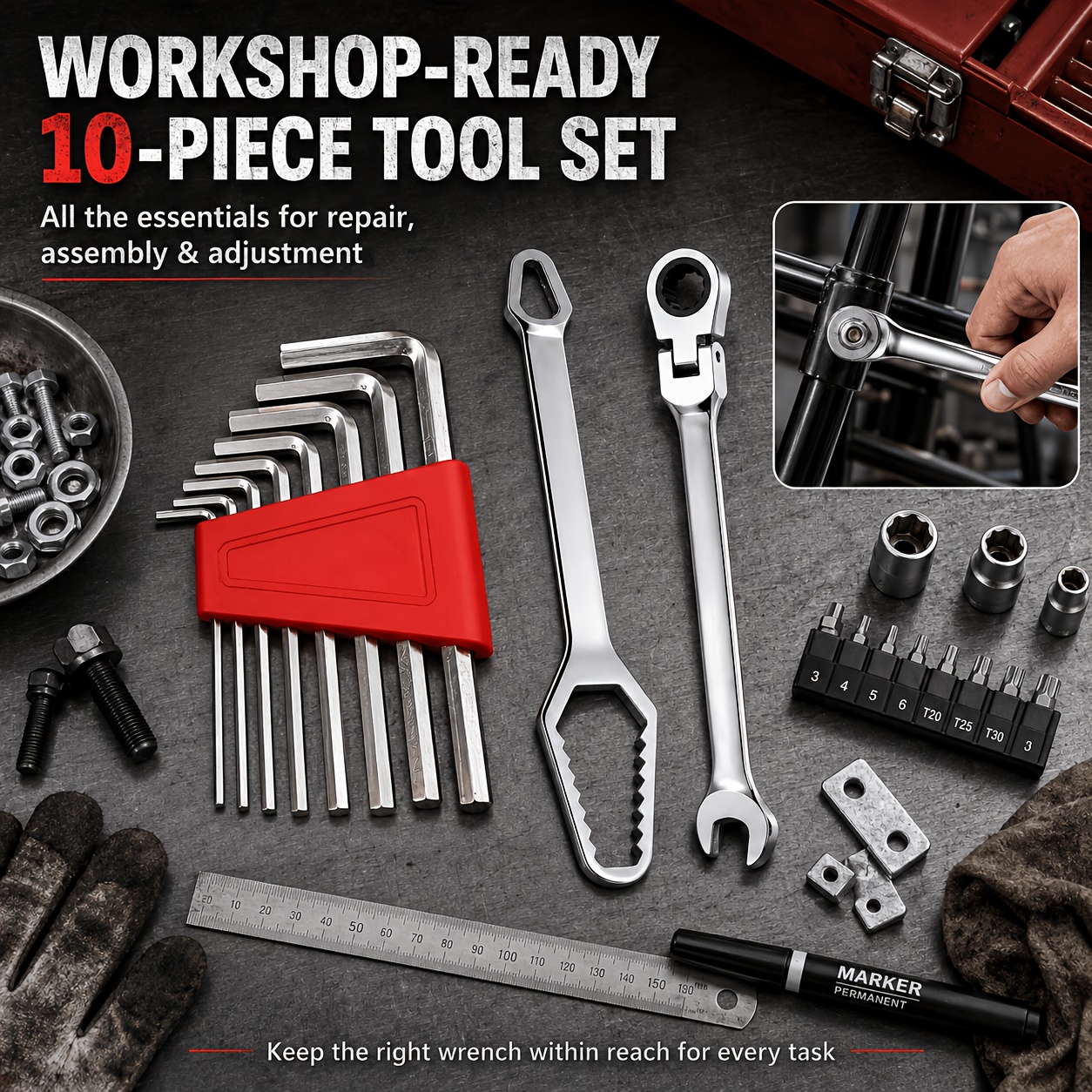 TEMU 10pcs Compact Wrench Set With , Offset Ratchet Wrench & Universal Wrench, Heat-treated Steel Portable Tool Kit For Bike Repair, Furniture