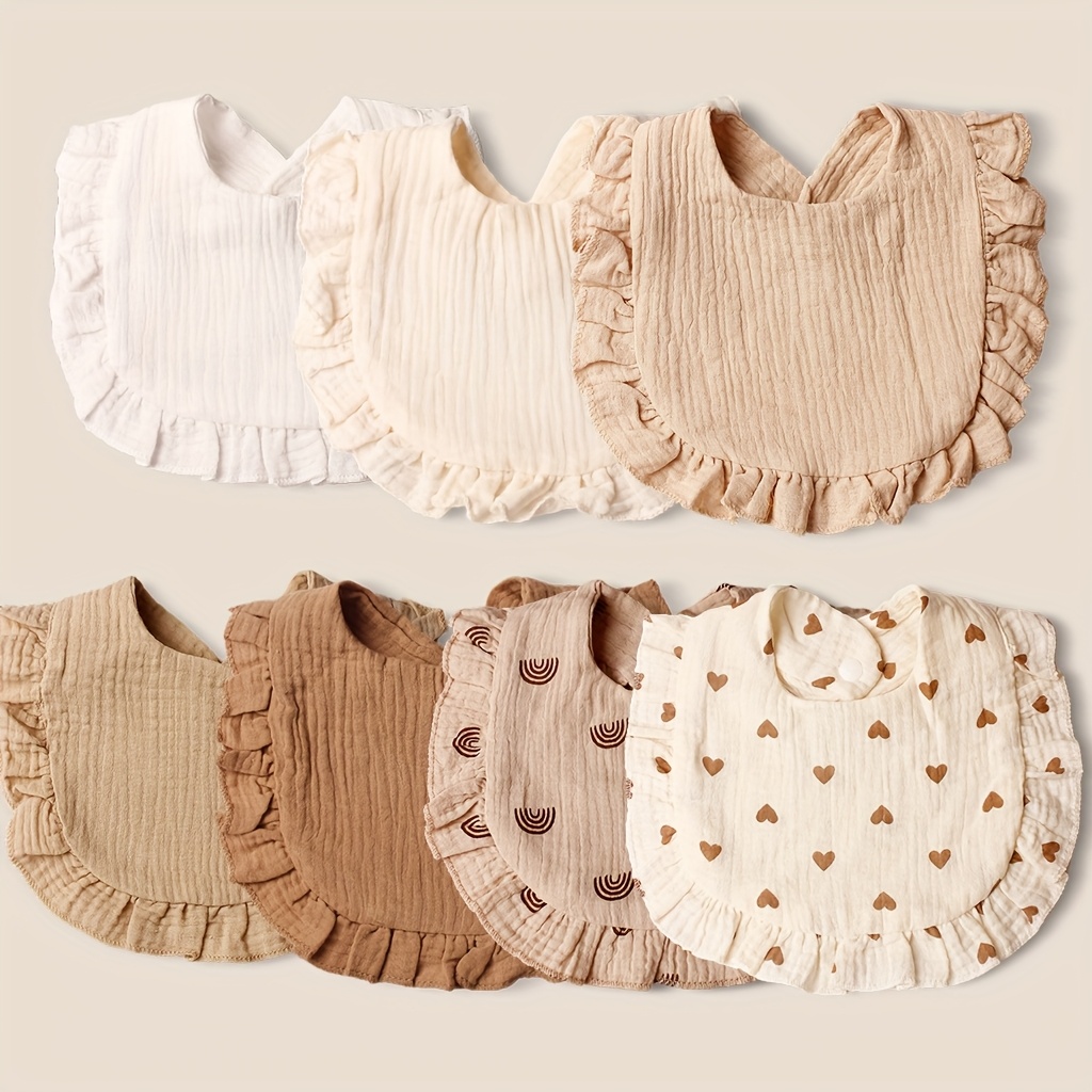 7pcs Soft Baby Bibs with Ruffled Lace Trim & Snap Closure - Beige, White, Brown, Red, Blue, Green, Pastel Colors, 0-2 Years, Hand Wash Only, Baby Bibs for Infants, Infant Comfort Care, Elegant Babywear, Durable Baby Bibs