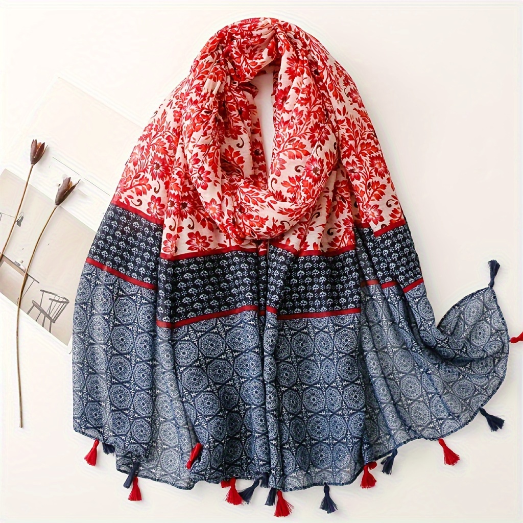 

Red Blue Contrast Color Print Scarf Thin Breathable Cotton Linen Shawl Summer Boho Style Windproof Sunscreen Travel Scarf With Tassels