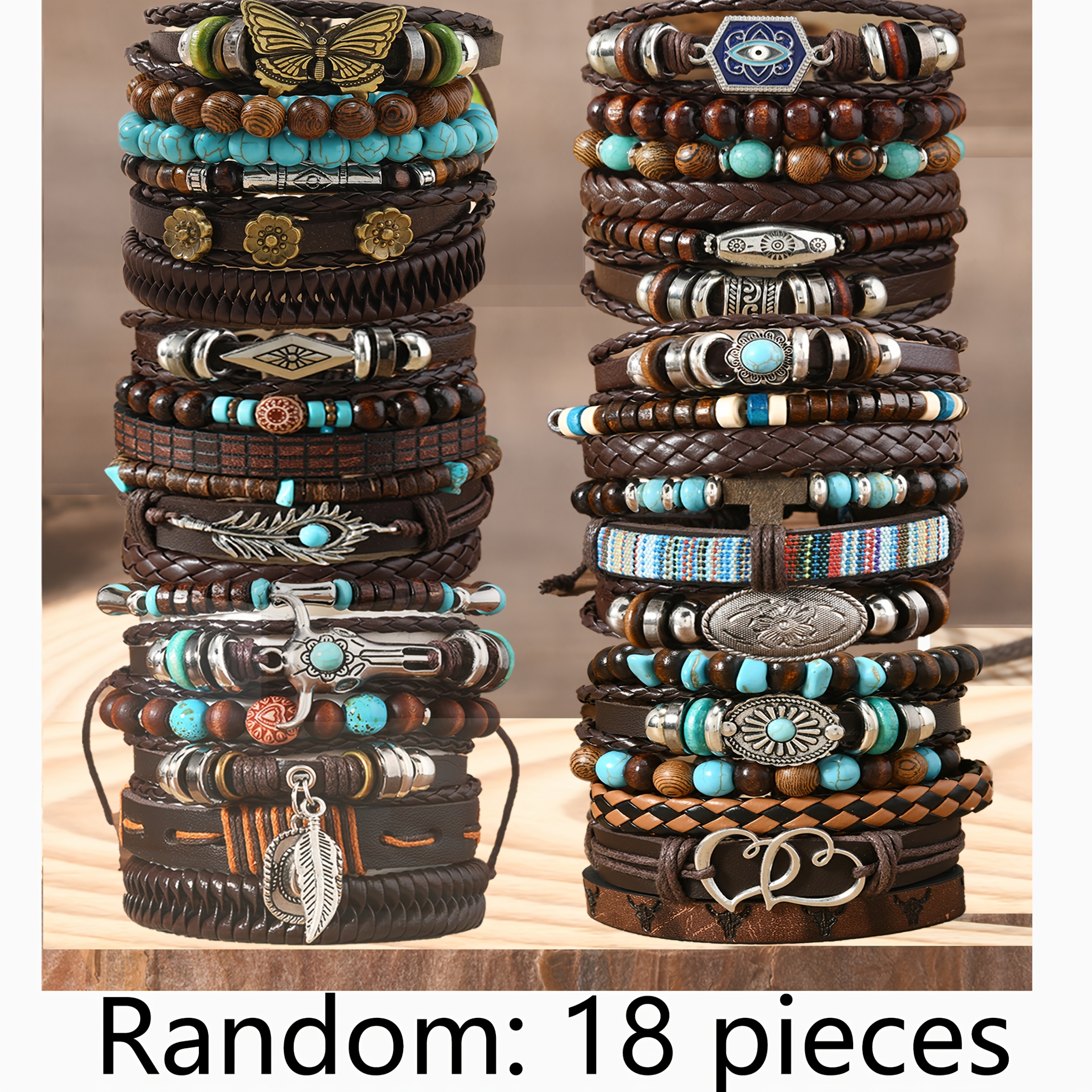 TEMU Western Cowboy Style Love Heart Combo Set Wooden Bead Bracelet 18pcs Set Christmas Gift Halloween Gift New Year Gift