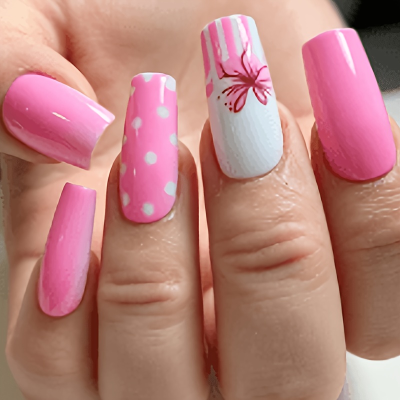 TEMU Lot de 24 faux ongles press-on à pour femme - Faux ongles ovales de longueur moyenne à rayures roses et motif floral, pointes en gel, brillants,