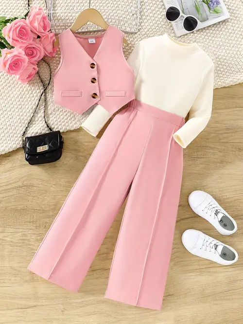 3pcs girls casual outdoor stylish outfit solid colored sleeveless button up vest long sleeve top wide leg pants for