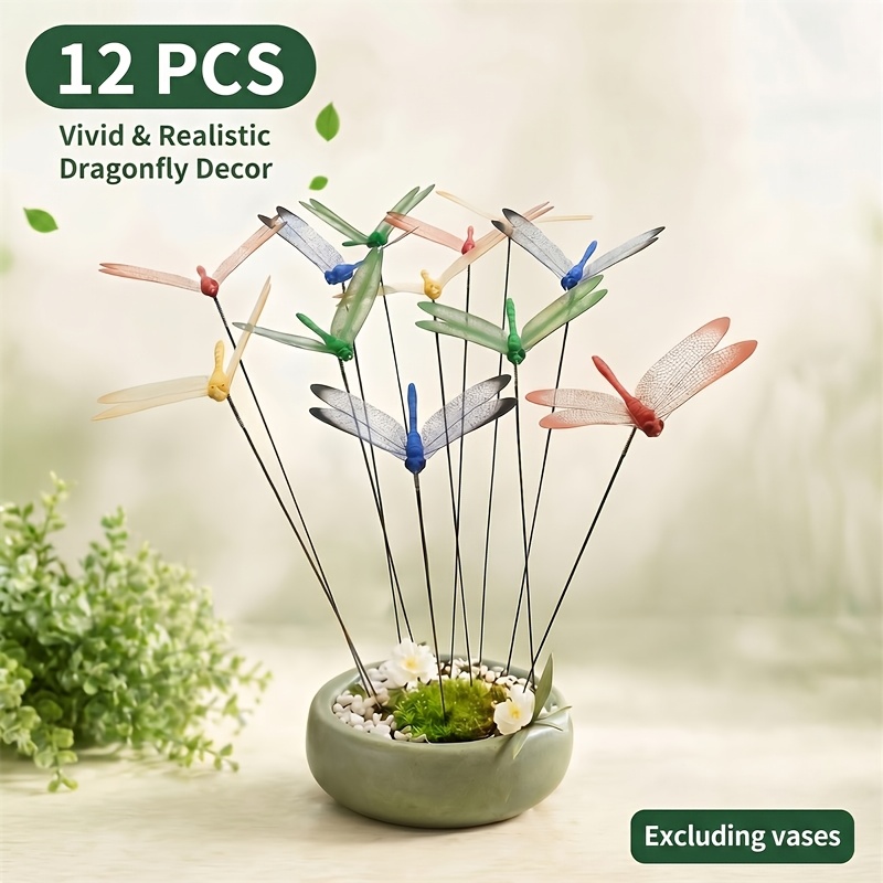 Image of 【2d Flat】 12pcs Outdoor Decor 3d Dragonfly Garden Stakes, Rustic Plastic Garden Ornaments, Patio And Home Decor, Country Style Dragonflies