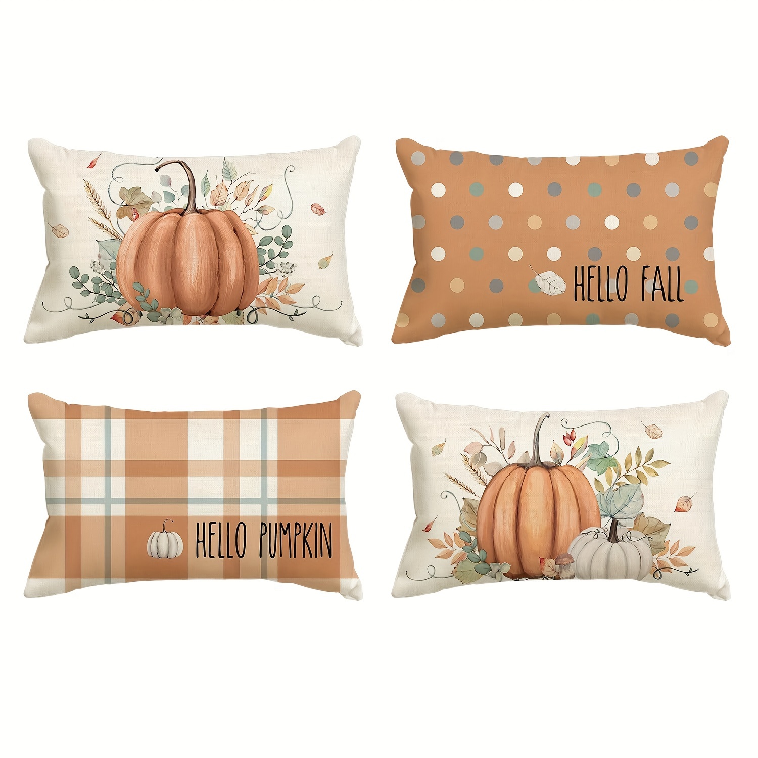 

Set Hello Fall Throw Pillow Covers, Autumn Thanksgiving Harvest Orange Eucalyptus Decorations For Sofa Couch Set Of 4