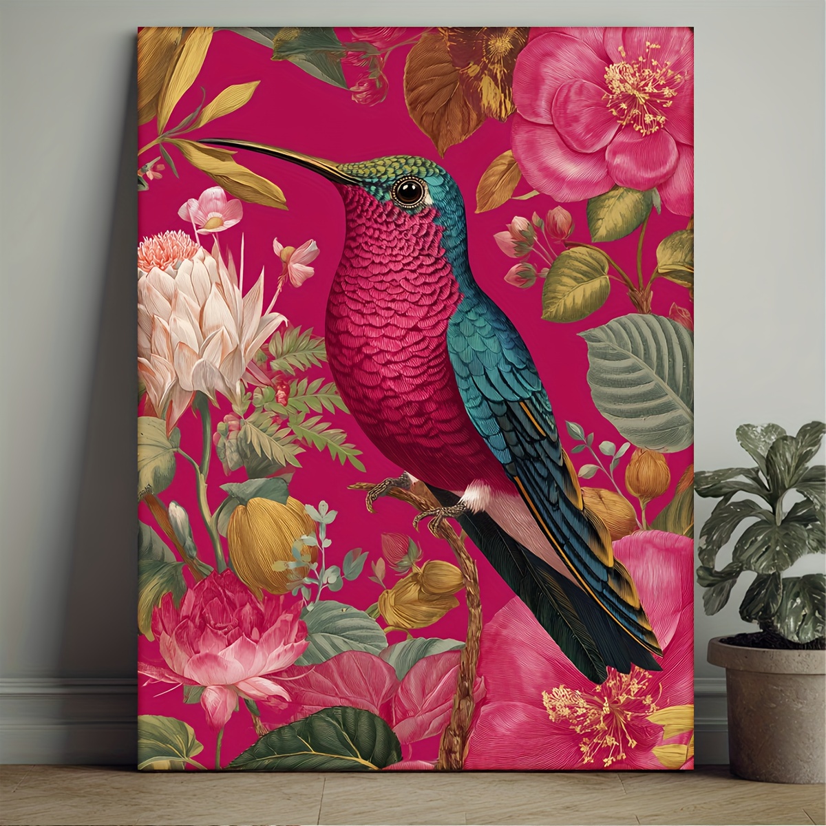 TEMU 2d Flat, 1pc, With Frame, 12x16inch [2d Flat] Manga Style , Pink Tropical, Botanical Jungle, Maximalist Decor, Canvas, Print, Exotic Bird,