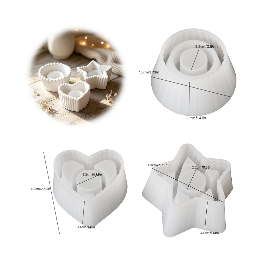 Image of Clay Silicone Mold, 3pcs Star, Round, Heart, Striped Candlestick Decorative Mold, Suitable For Making Epoxy, Plaster, Candle, Aromatherapy Products, Home Decoration, Table Silicone Mold