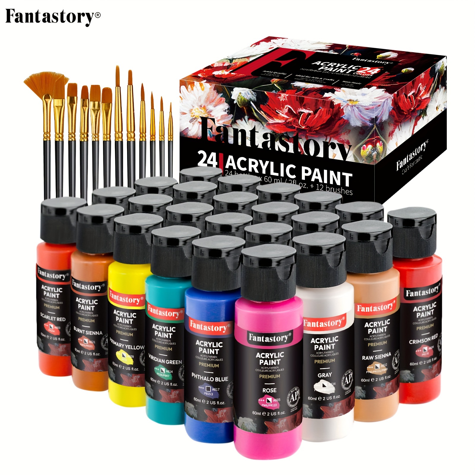 

Fantastory Acrylic Paint Set, 24 Classic Colors(2oz/60ml), Professional Craft Paint, Art Supplies Kit For Adults, Canvas/fabric/rock/glass/stone Ceramic Model Wood Painting With 12 Brushes