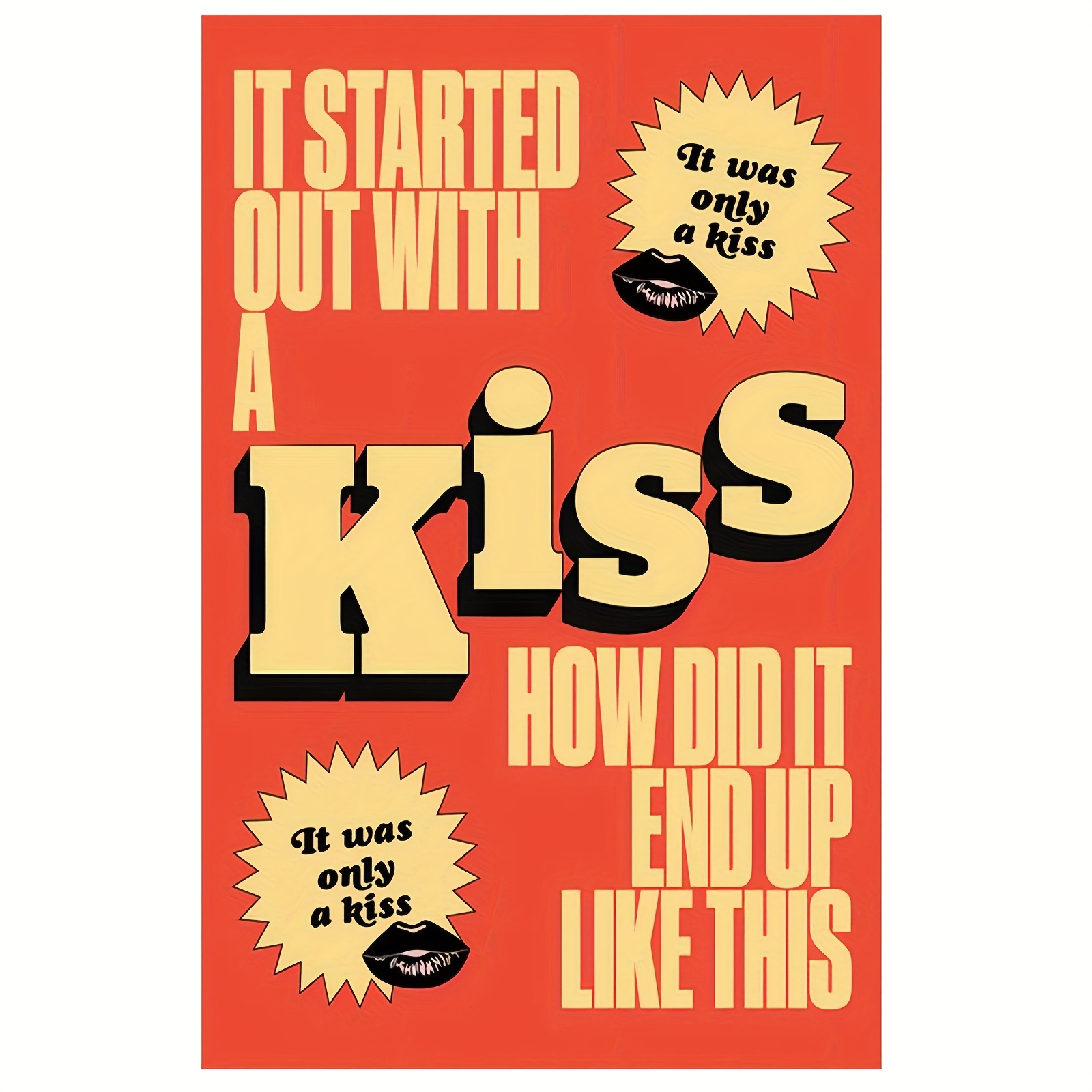 TEMU 1pc Frameless " A Kiss" Lyrics Canvas Poster - 30.48x45.72 Cm, Red Background With Yellow & White Text, Romantic Wall Art For Home, Dorm,