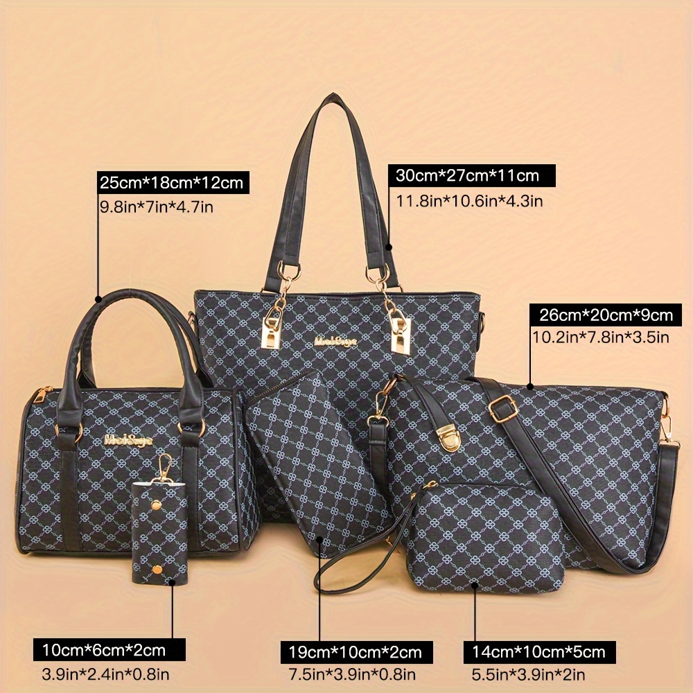 6pcs Women'S Fashionable Geometric Print PU Handbag Set