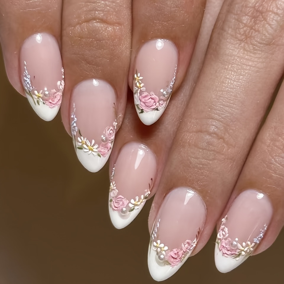 TEMU Romantische Franse Stijl, 24 stuks Gebroken Bloemen, Franse Amandelvormige Kunstnagels, Kleurrijke Bloemen, Fris, , Elegant, Romantische