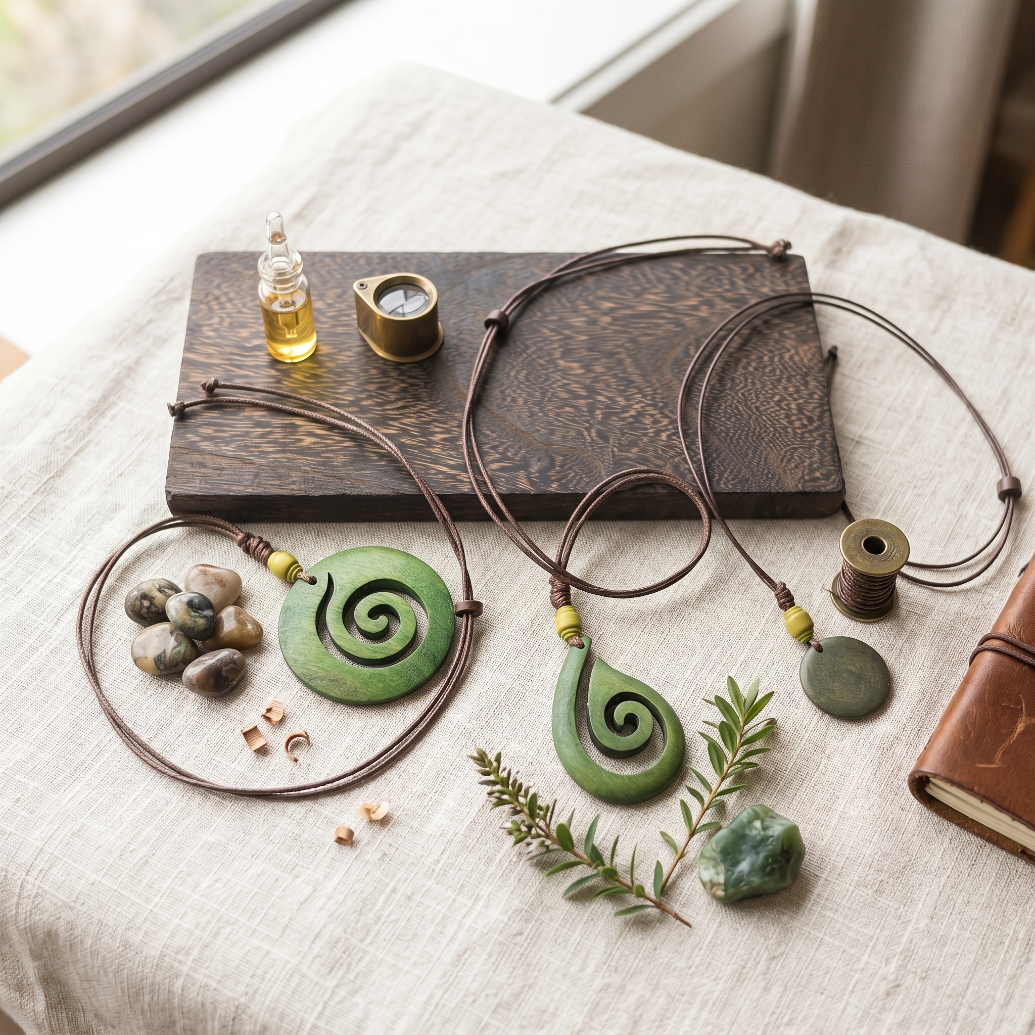 Bohemian Wood Spiral Necklace with Adjustable Wax Knot