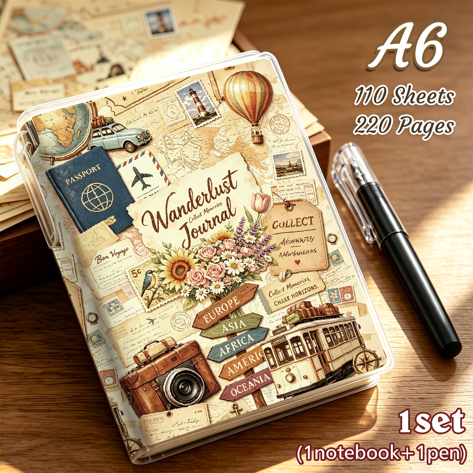 TEMU 1 Set/2 Sets, 220 Pages, Travel Retro Style Notebook With Pen Included, Portable Notebook, Travel Journal, Lined Notebook, Back To School,