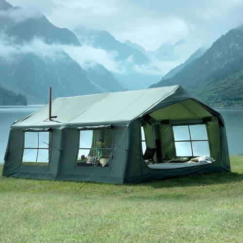 186 squre feet inflatable camping tent with hand pump easy setup windproof outdoor blow up tent 6 8 person oxford 4 season glamping air tents cabin house with mesh windows door