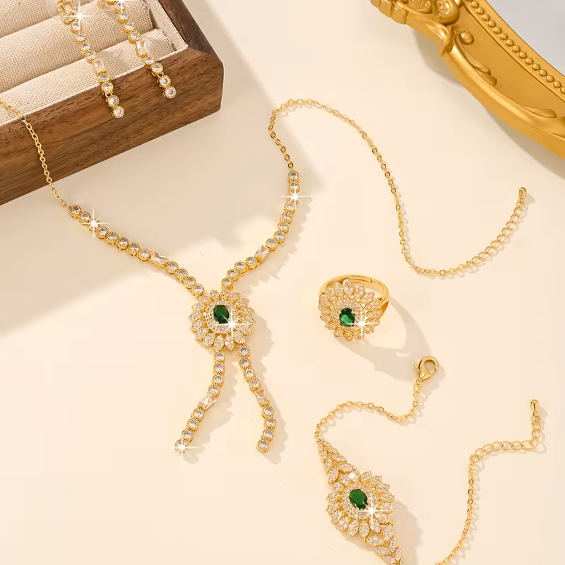 5pcs of 18k gold plated luxury series dubai flower tassel design bridal wedding set hand set with white three dimensional zirconia including necklace bracelet earrings ring suitable for daily wedding wear details 0