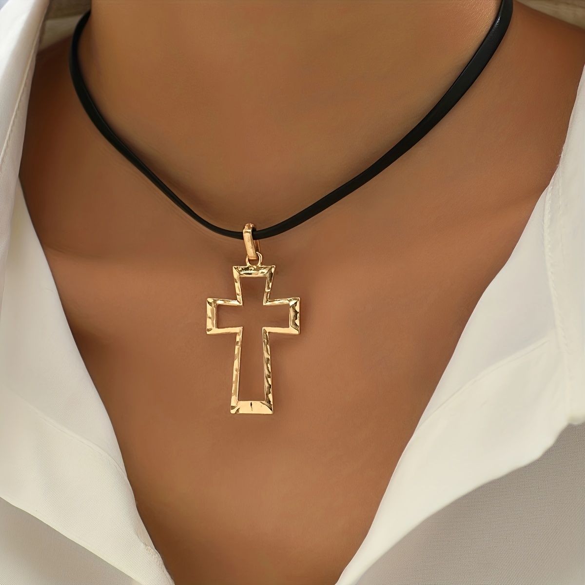 1 Fashionable And Individual Black Leather Cord Necklace With A Cross