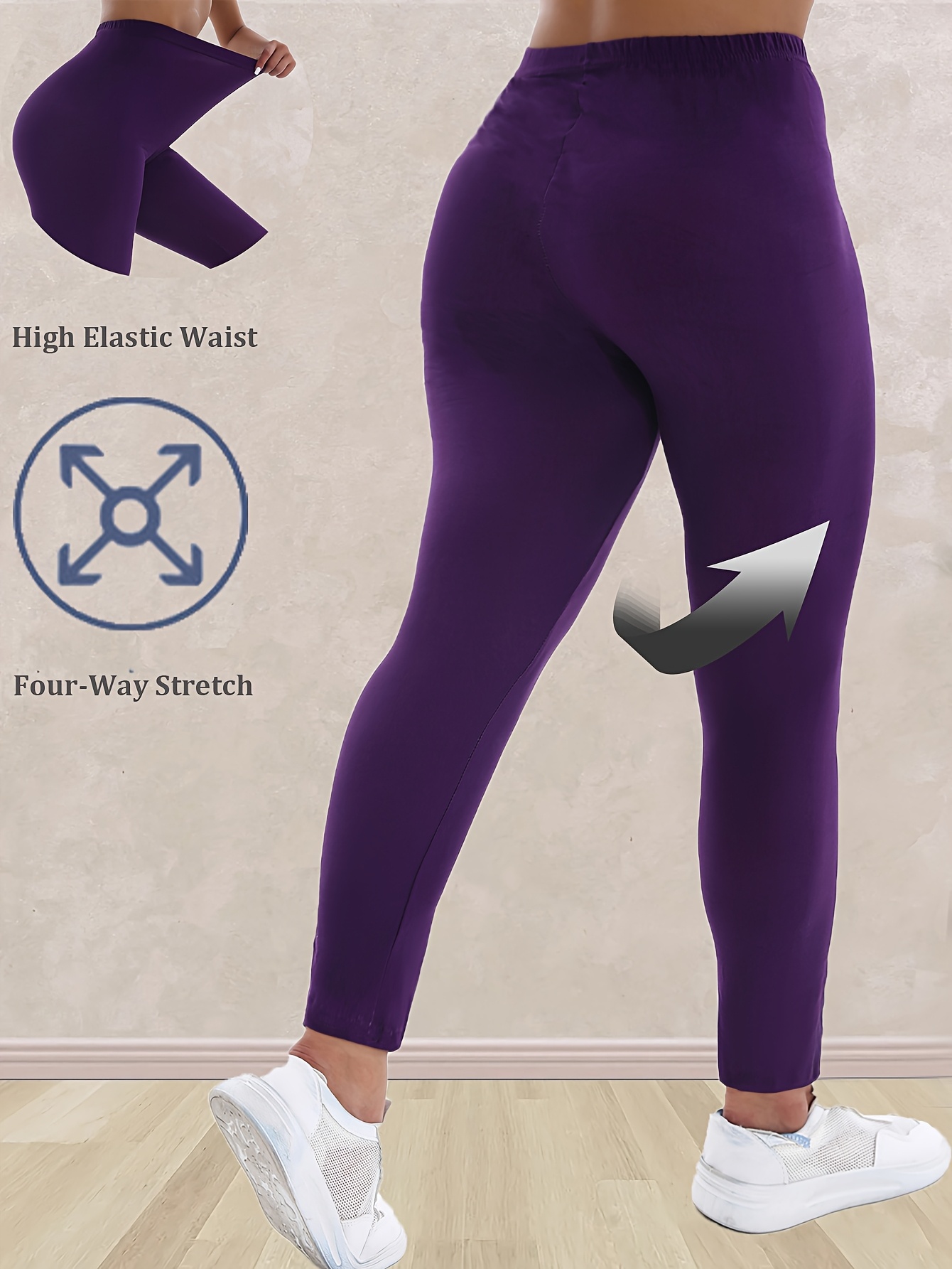 Plus Size, Plus Size Women's High-Waisted Leggings - 4-Way Stretch Elastic Waistband, Solid Black 7/8 Length Pants for, Casual & All-Season Wear - Machine Washable Apparel, Leggings, Versatile Clothing, Highelastic Waistband