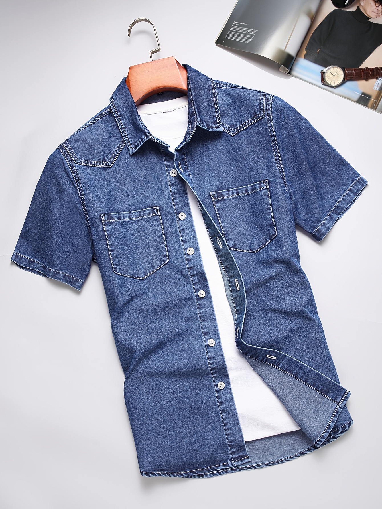 Men's Summer Denim Shirt, Washed Soft Non-Stretch Solid Slim Fit Casual Fashion Light