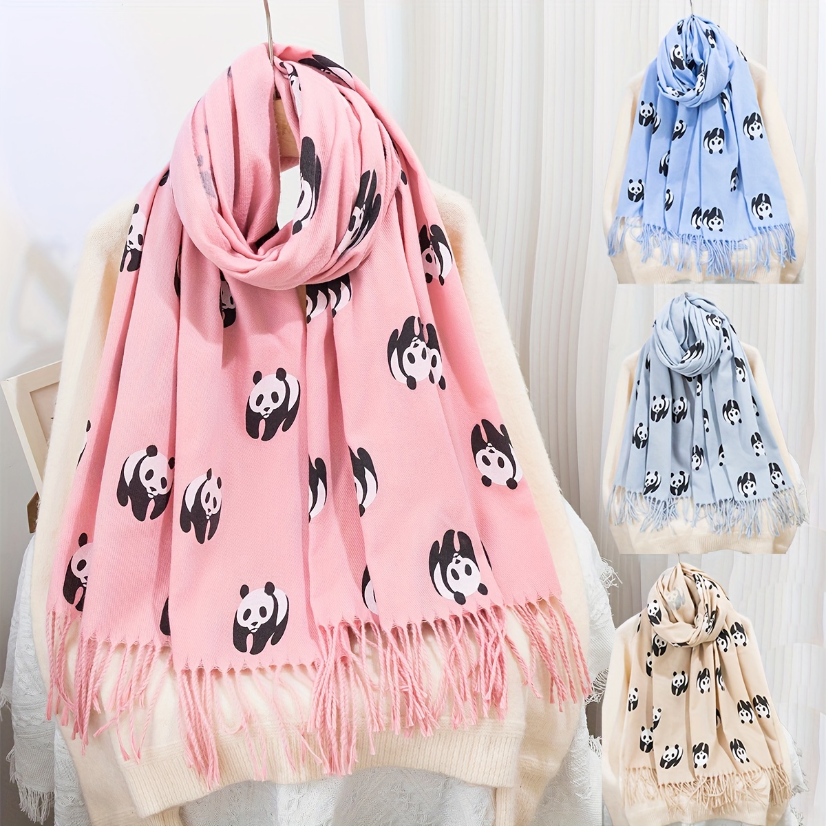 

1 Cozy Cashmere Women's Long Scarf With Cute Print And Tassels - Warm, Soft Polyester Shawl In Pink/blue/white - Cold Weather