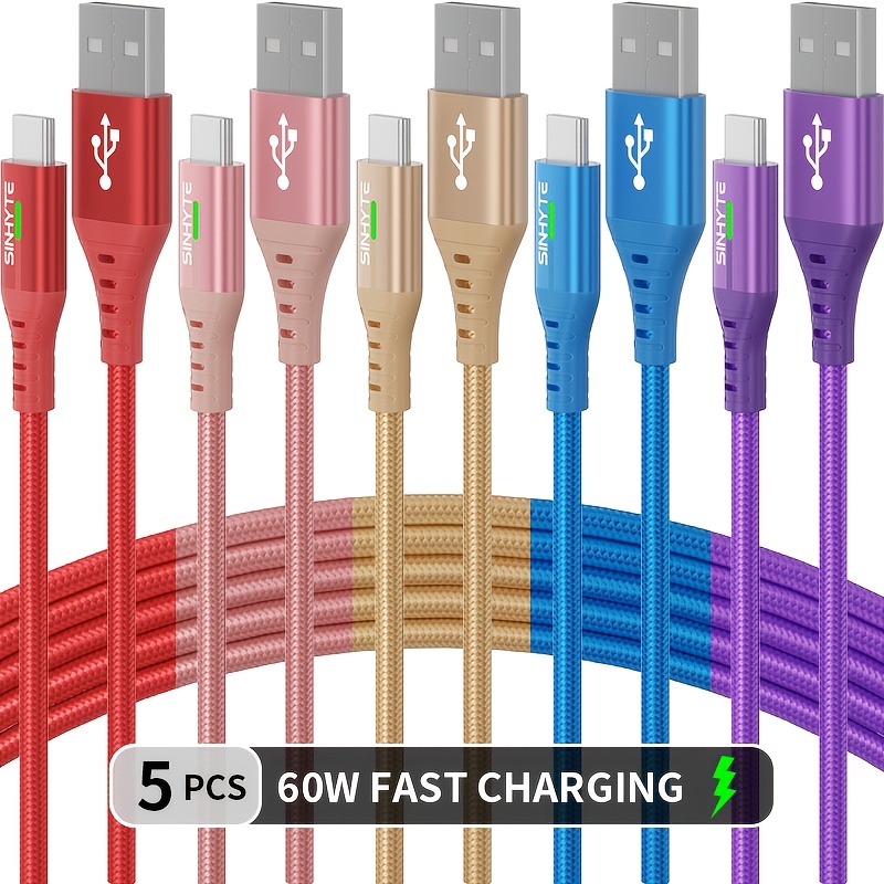 TEMU 5pcs 60w Fast Charging Usb-c Cable For Iphone, For , And All Usb- | Durable Braided Charger & Sync Cord, Matte End, Male To Male Connector,