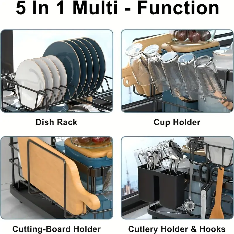 2 tier dish drying rack with drain board cutlery holder cutting board cup holder kitchen counter hooks rust proof large dish drain rack black Product details 5