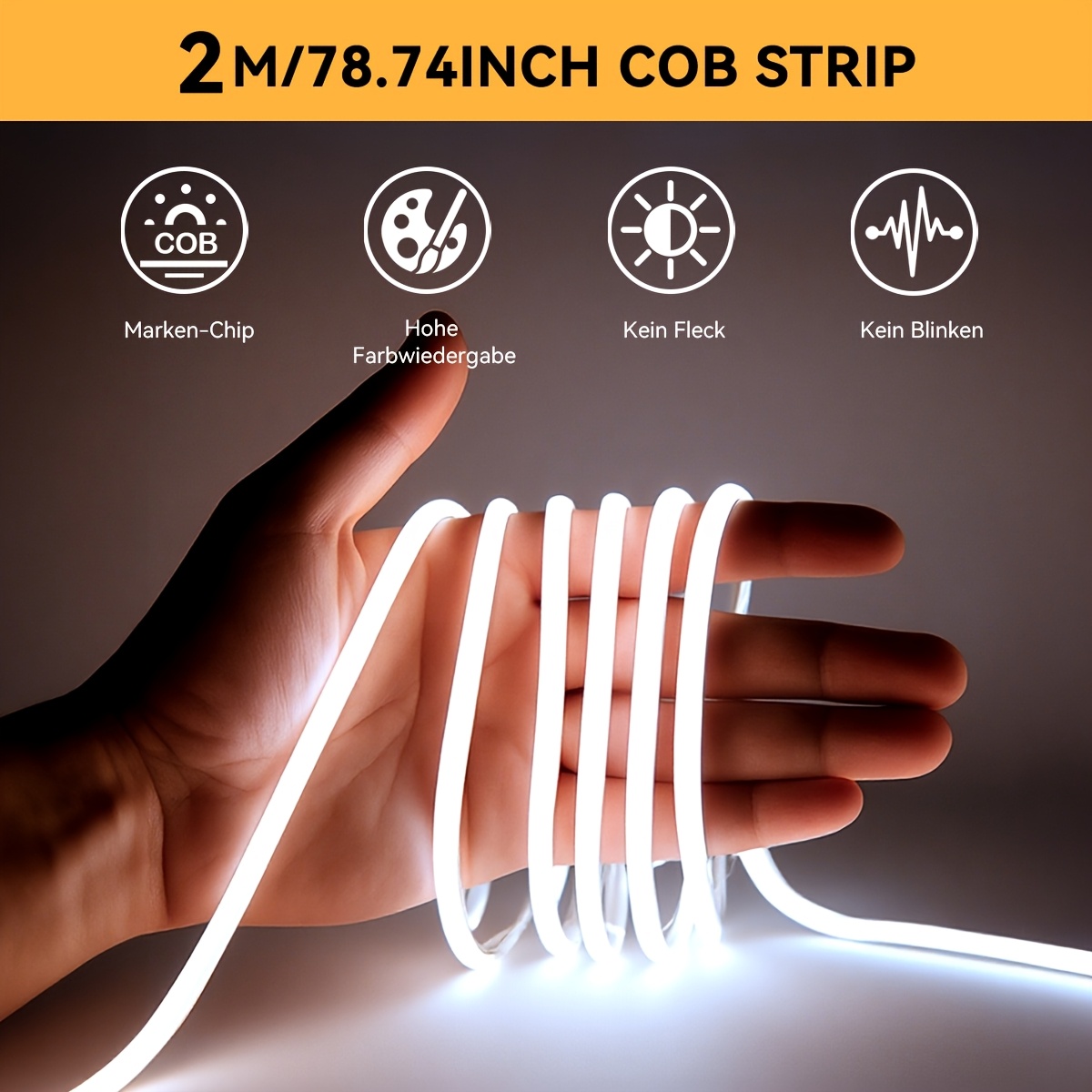 Tira de luces LED COB delgada HOTU | Cinta de luz flexible y cortable adhesiva alimentada por USB con 400 LEDs/M, luz diurna y blanco cálido (3000-6500K), diseño sin puntos para dormitorio, oficina - Imagen 4